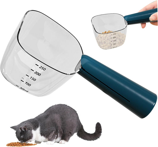 OXFUZZ Dog Food Measuring Cup with Scale, Accurate Pet Food Scoop with Dog Food Bag Clips, Multi-Functional ABS Cat Food Spoon for Indoor, Travel Outdoor, Blue