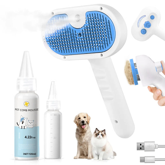 Professional Pet Steam Grooming Brush for Dogs and Cats - 3-in-1 Self-Cleaning Spray Comb with Mist for Shedding and Hair Removal - Includes Waterless Shampoo, Blue