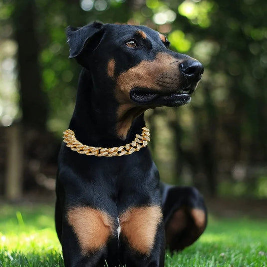 Luxury Rhinestone Dog Collar with Cuban Chain Design - Hip Hop Style Pet Accessory