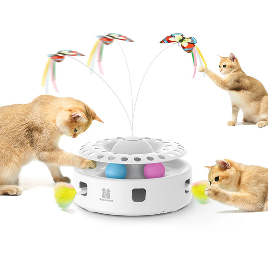 Potaroma 3-in-1 Automatic Interactive Cat Toy with Fluttering Butterfly, Moving Feather, and Track Balls - USB Powered for Indoor Exercise