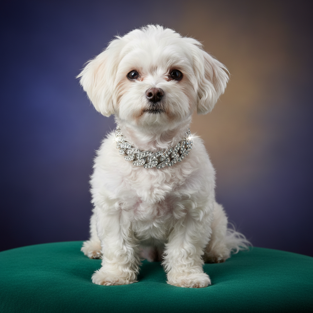 Glamorous small dog wearing a sparkling rhinestone bling collar on a velvet cushion