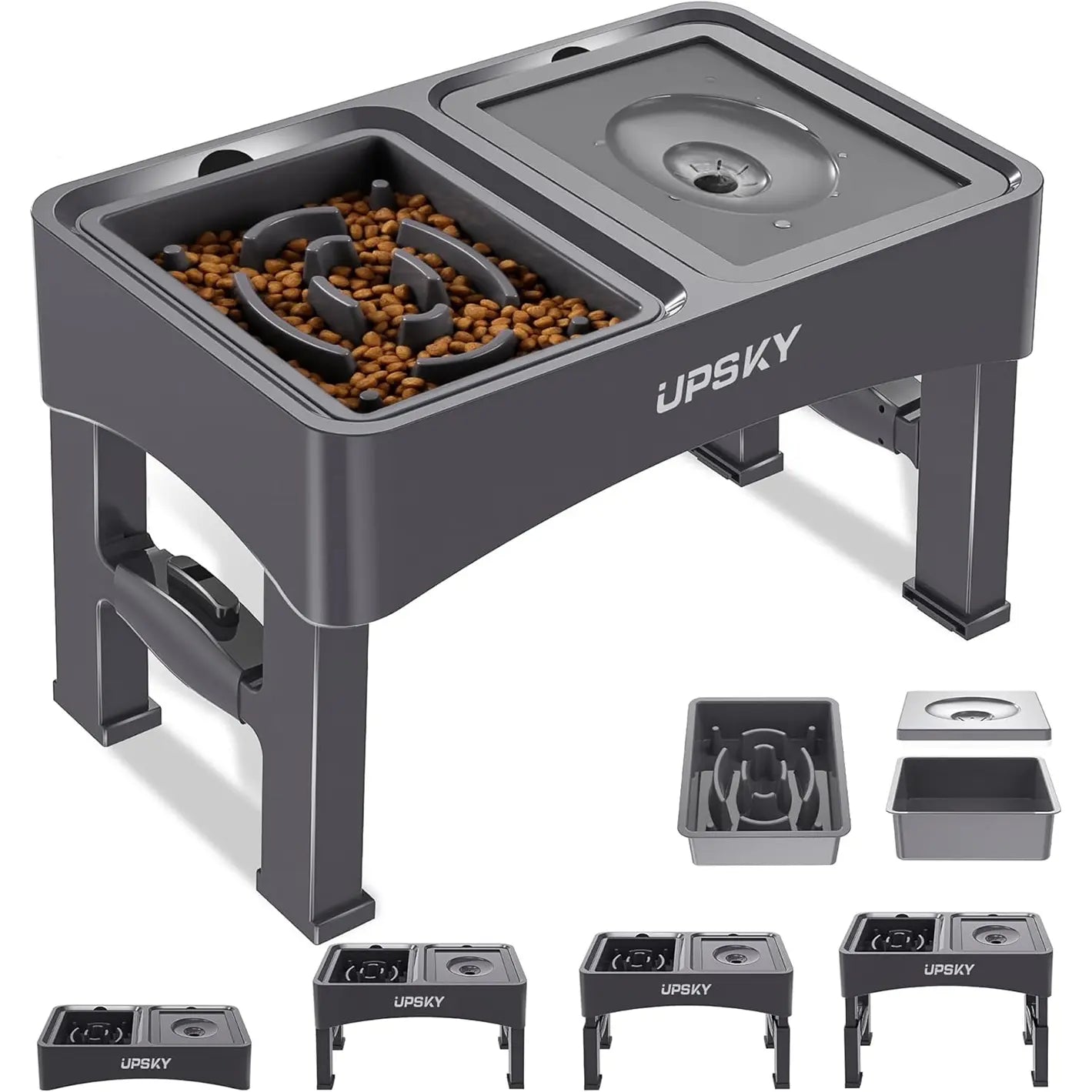 UPSKY 2-in-1 Elevated Slow Feeder Dog Bowl Set with Height-Adjustable Stand and Anti-Spill Design for Small to Medium Dogs