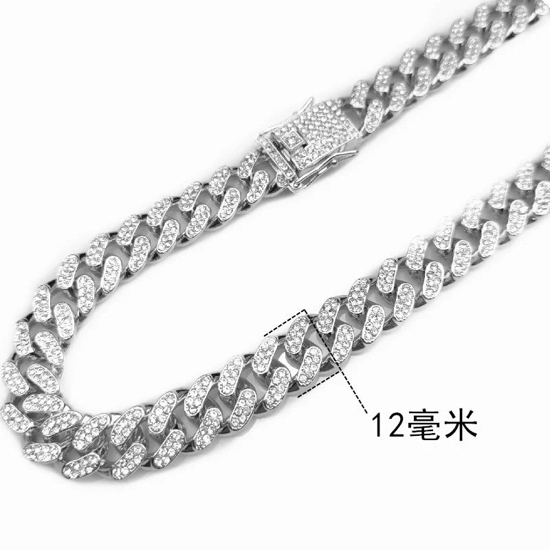 Luxury Rhinestone Dog Collar with Cuban Chain Design - Hip Hop Style Pet Accessory