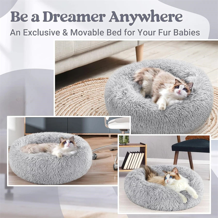 Soft Long Plush Cat House Beds Dog Calm Warm Faux Fur Bed Donut round Comfortable Sleeping Bed Washable for Small Medium Dog Cat
