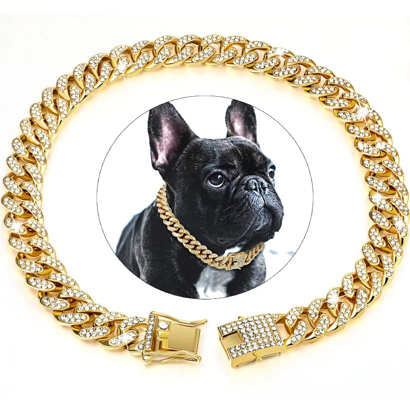 Diamond Cuban Metal Chain Collar for Dogs and Cats with Secure Buckle - Stylish Pet Accessory