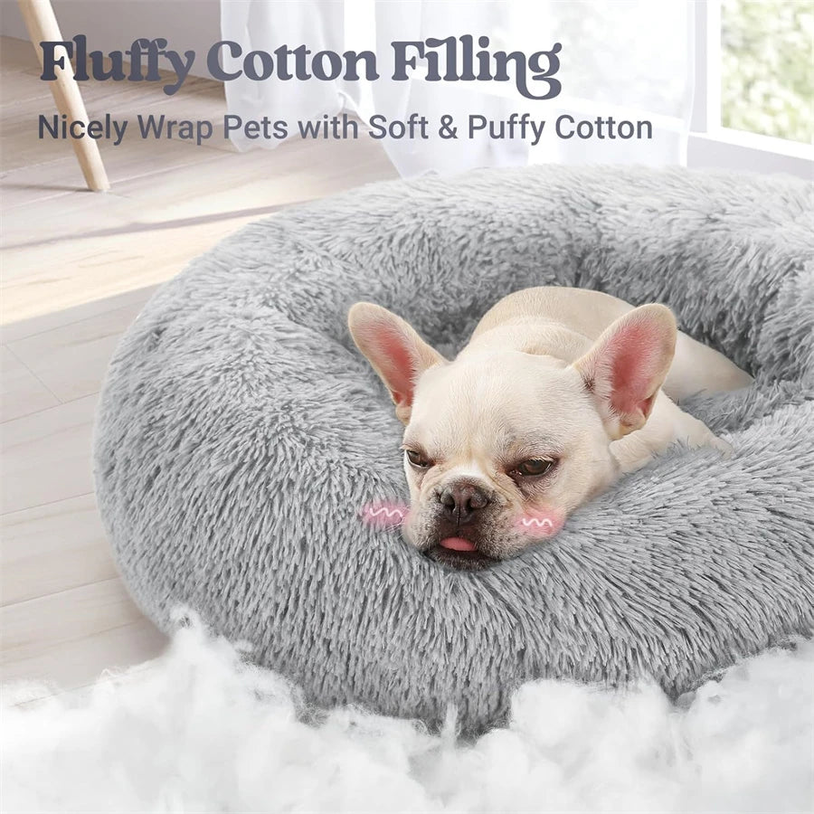 Soft Long Plush Cat House Beds Dog Calm Warm Faux Fur Bed Donut round Comfortable Sleeping Bed Washable for Small Medium Dog Cat
