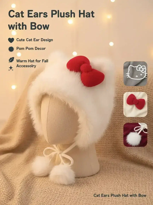 Cat Ear Design Pom Pom Plush Beanie Hat, Acrylic Insulated Earflap Hat with Bowknot, Stylish Warm Accessories for Women in Fall & Winter