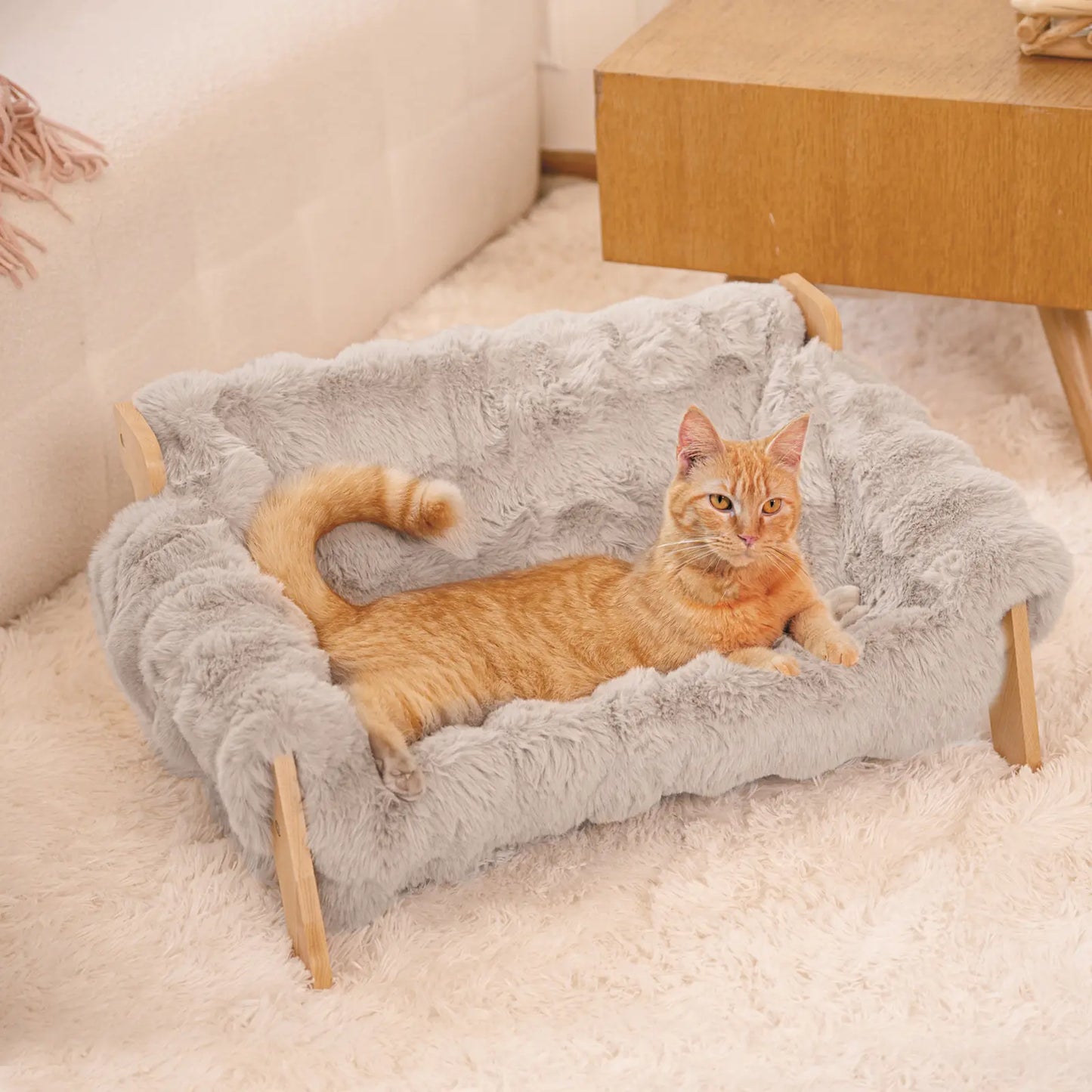 Elevated Pet Couch Bed, Solid Wood Sofa for Cat and Small Dog 