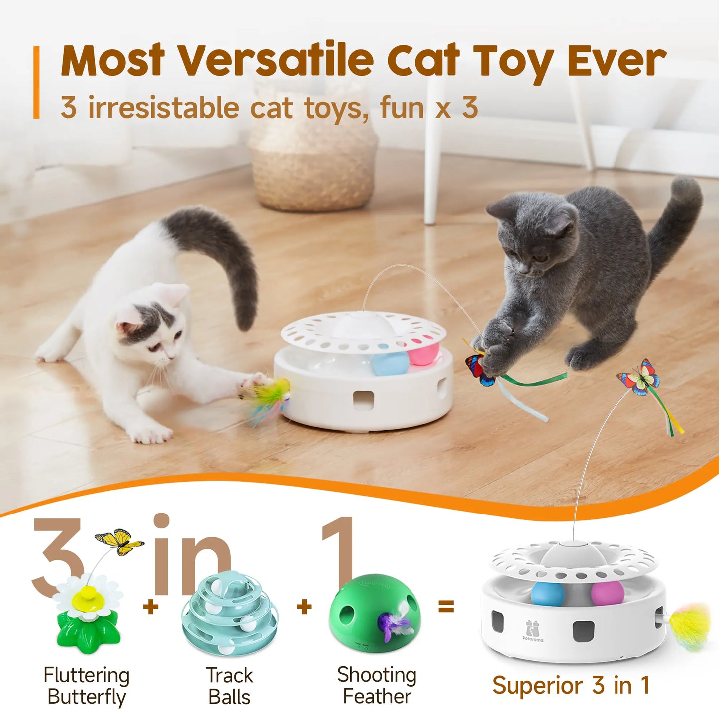 Potaroma 3-in-1 Automatic Interactive Cat Toy with Fluttering Butterfly, Moving Feather, and Track Balls - USB Powered for Indoor Exercise