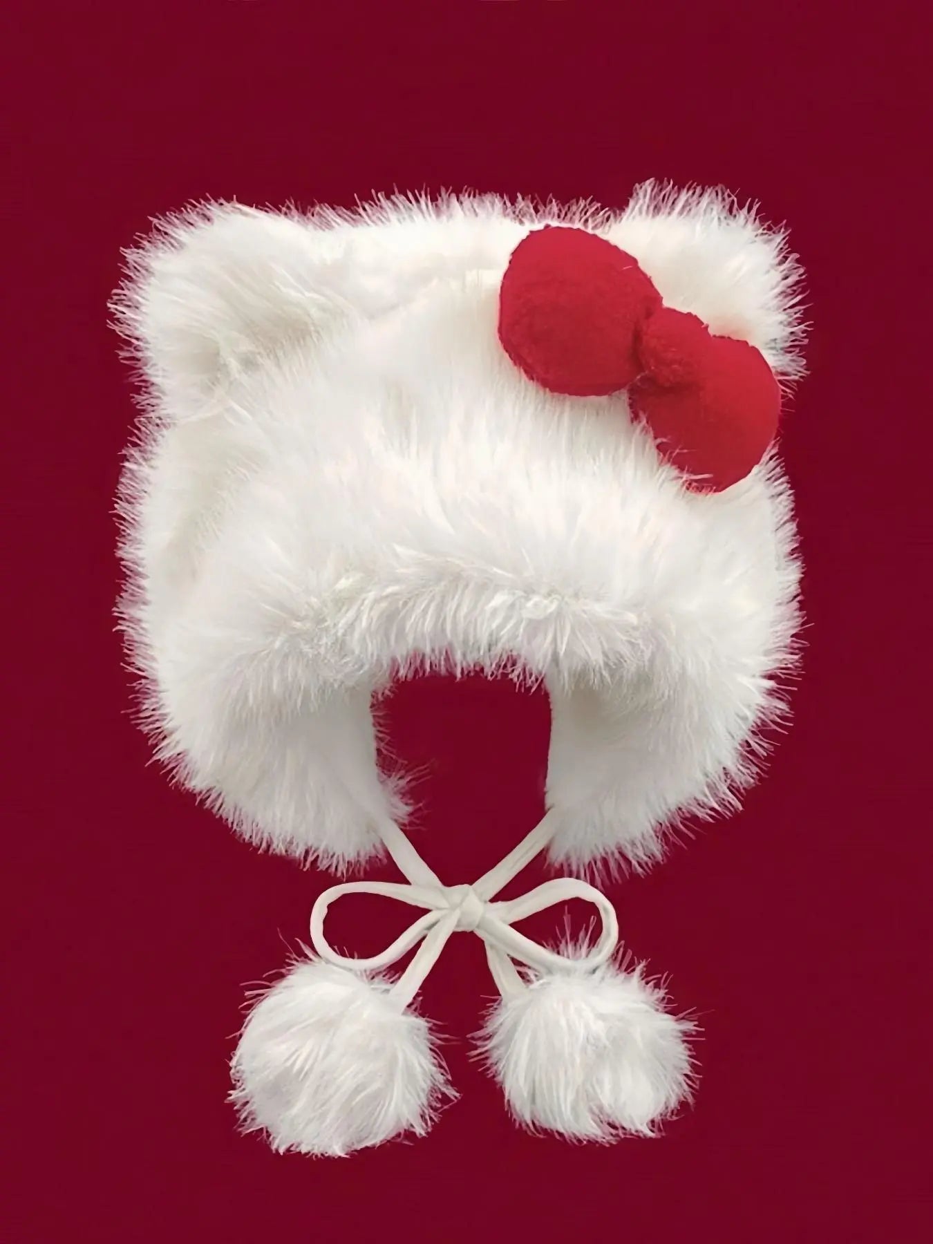 Cat Ear Design Pom Pom Plush Beanie Hat, Acrylic Insulated Earflap Hat with Bowknot, Stylish Warm Accessories for Women in Fall & Winter