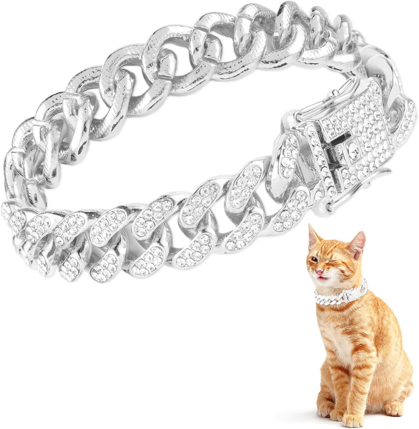 Diamond Cat Chain Collar - Metal Cuban Link Dog Collar with Secure Buckle, 12mm Wide Pet Necklace for Small to Medium Dogs and Cats, 8-Inch (Silver)