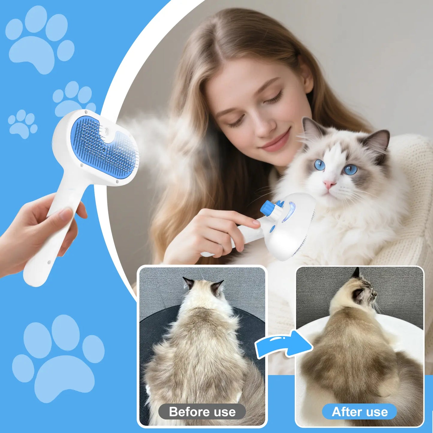 Professional Pet Steam Grooming Brush for Dogs and Cats - 3-in-1 Self-Cleaning Spray Comb with Mist for Shedding and Hair Removal - Includes Waterless Shampoo, Blue