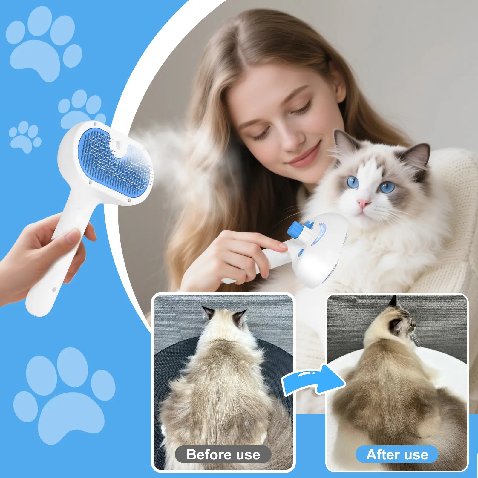 Professional Pet Steam Grooming Brush for Dogs and Cats - 3-in-1 Self-Cleaning Spray Comb with Mist for Shedding and Hair Removal - Includes Waterless Shampoo, Blue