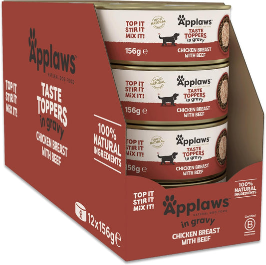 100% Natural Wet Dog Food, Grain Free Chicken with Beef in Gravy Tin, 156G (Pack of 12)
