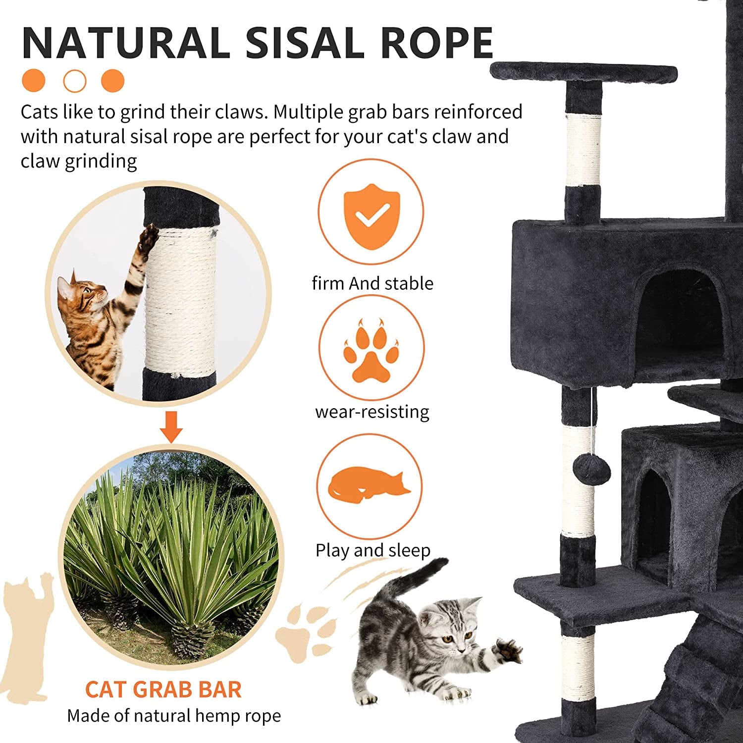 139Cm Cat Tree Tower for Indoor Cats,Multi-Level Furniture Activity Center with Scratching Posts Stand House Condo Funny Toys Kittens Pet Play House,Dark Gray