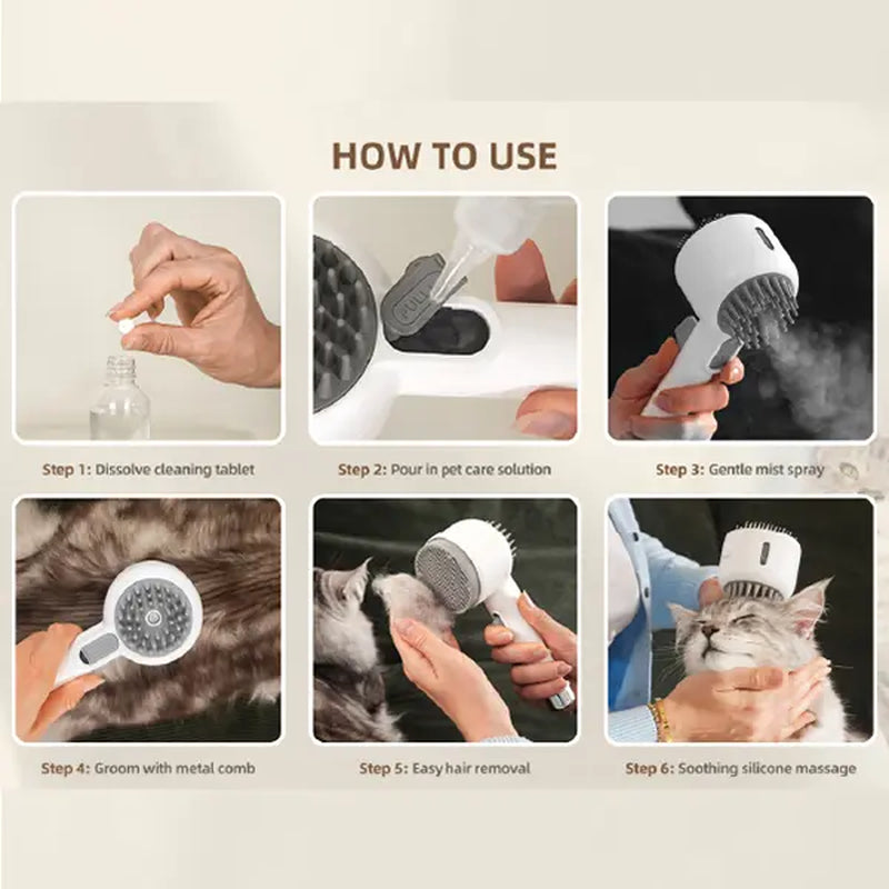 Fresh Fur 2-in-1 Pet Steam Shower Brush and Spray Comb for Cats and Dogs - Deshedding and Grooming Tool