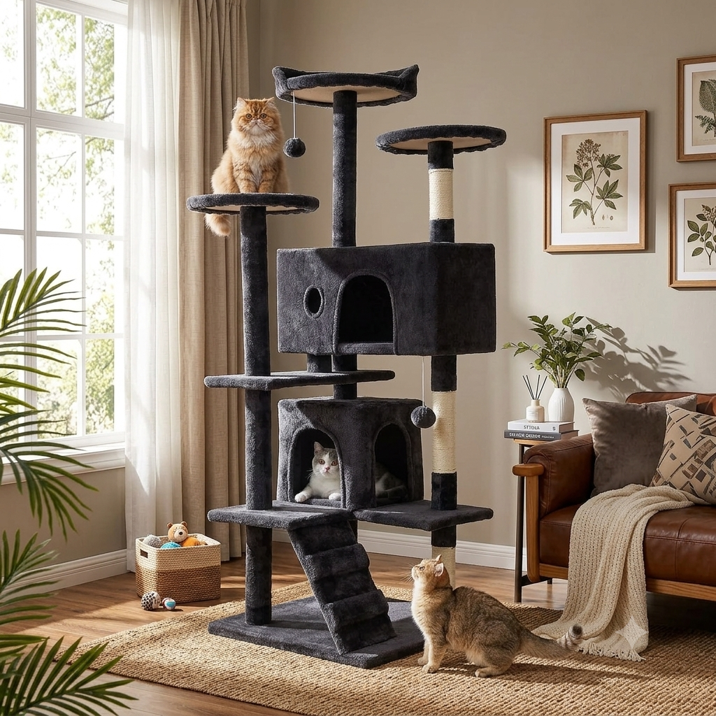 139Cm Cat Tree Tower for Indoor Cats,Multi-Level Furniture Activity Center with Scratching Posts Stand House Condo Funny Toys Kittens Pet Play House,Dark Gray