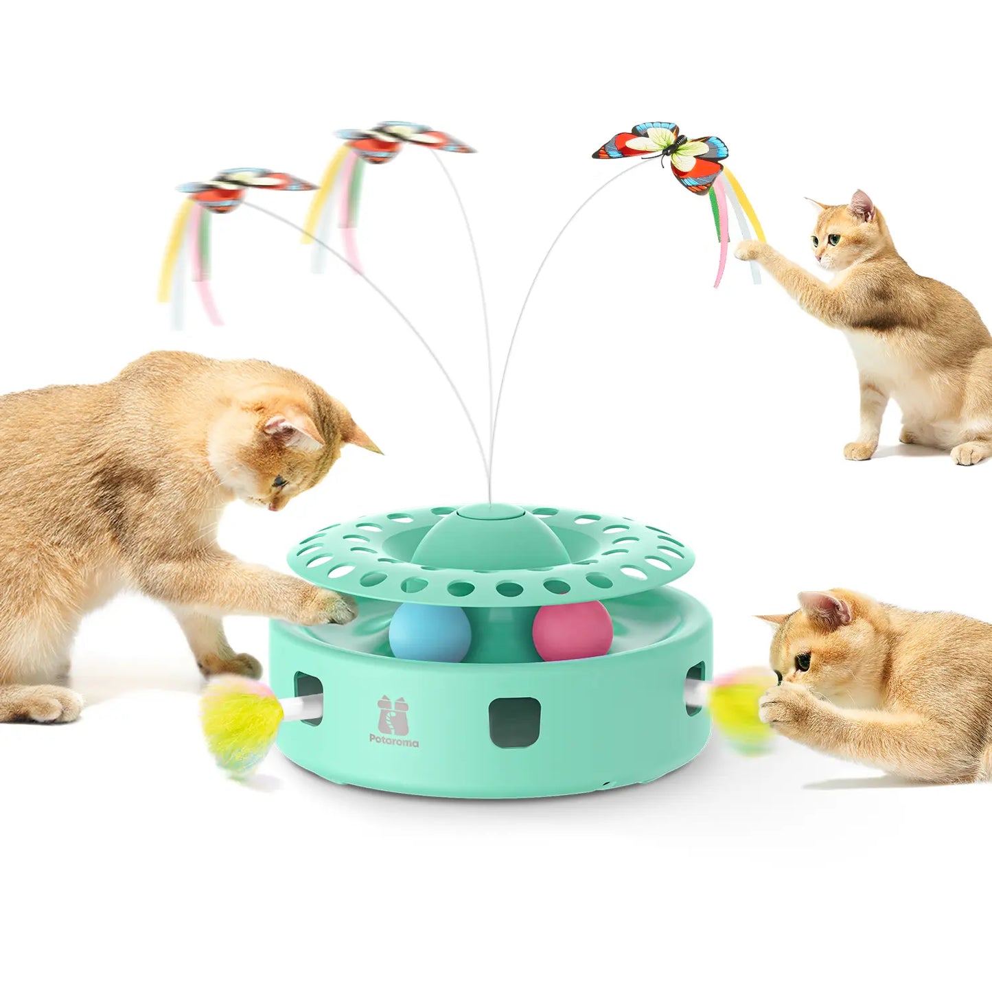 Potaroma 3-in-1 Automatic Interactive Cat Toy with Fluttering Butterfly, Moving Feather, and Track Balls - USB Powered for Indoor Exercise