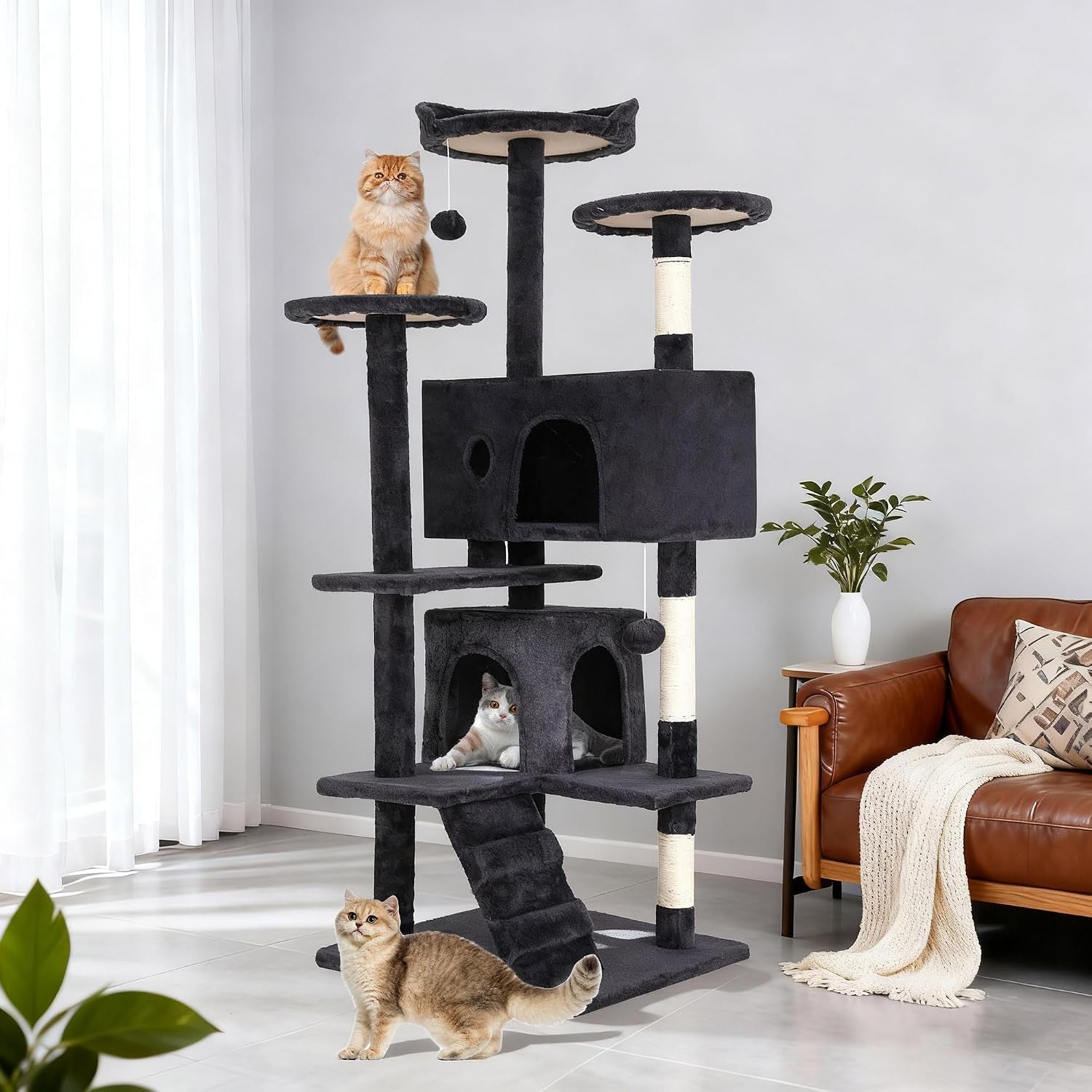 139Cm Cat Tree Tower for Indoor Cats,Multi-Level Furniture Activity Center with Scratching Posts Stand House Condo Funny Toys Kittens Pet Play House,Dark Gray