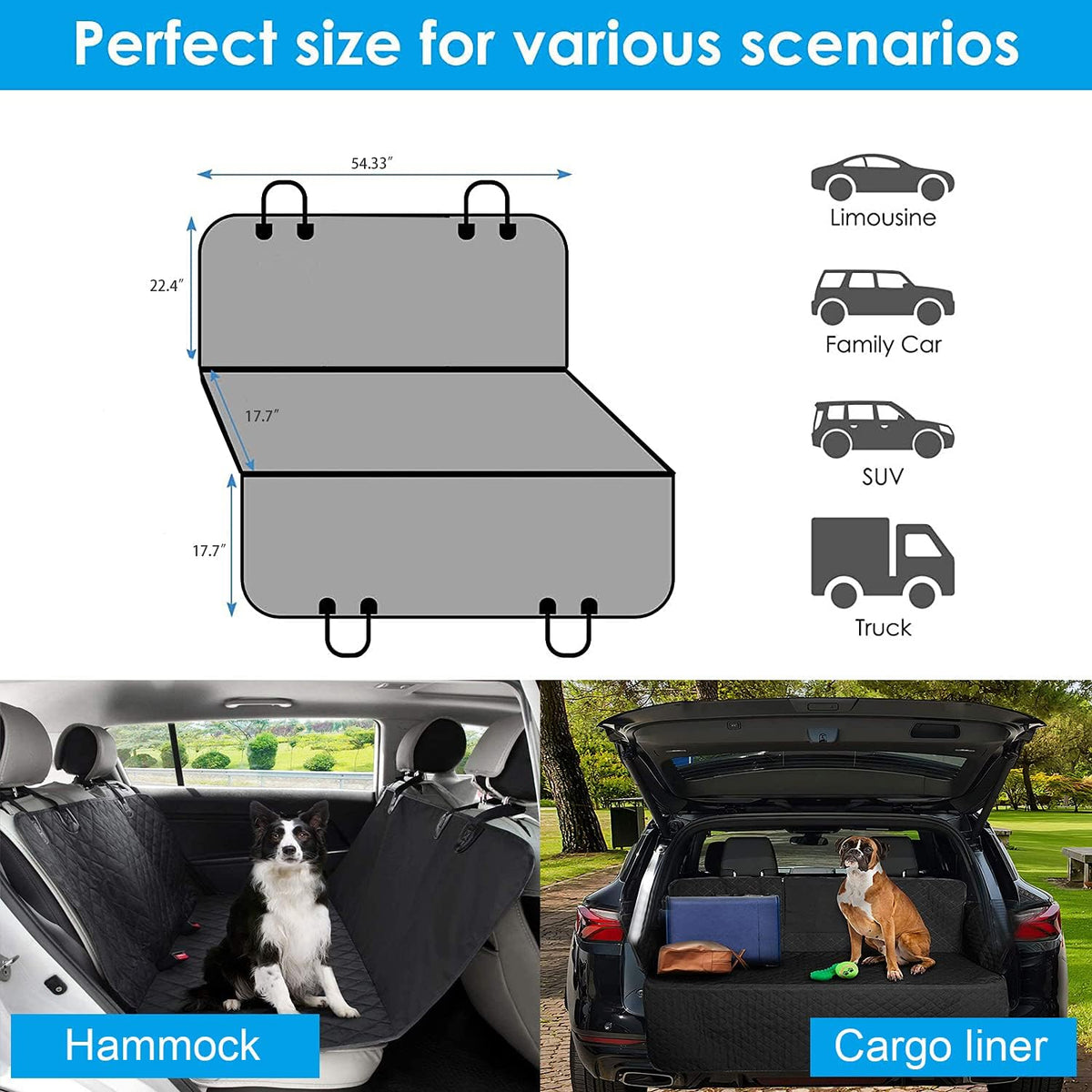Pet Back Seat Covers, Waterproof Scratch Proof Nonslip Dog Travel Hammock with Seat Anchors for Cars Trucks SUV, Car Boot Liner