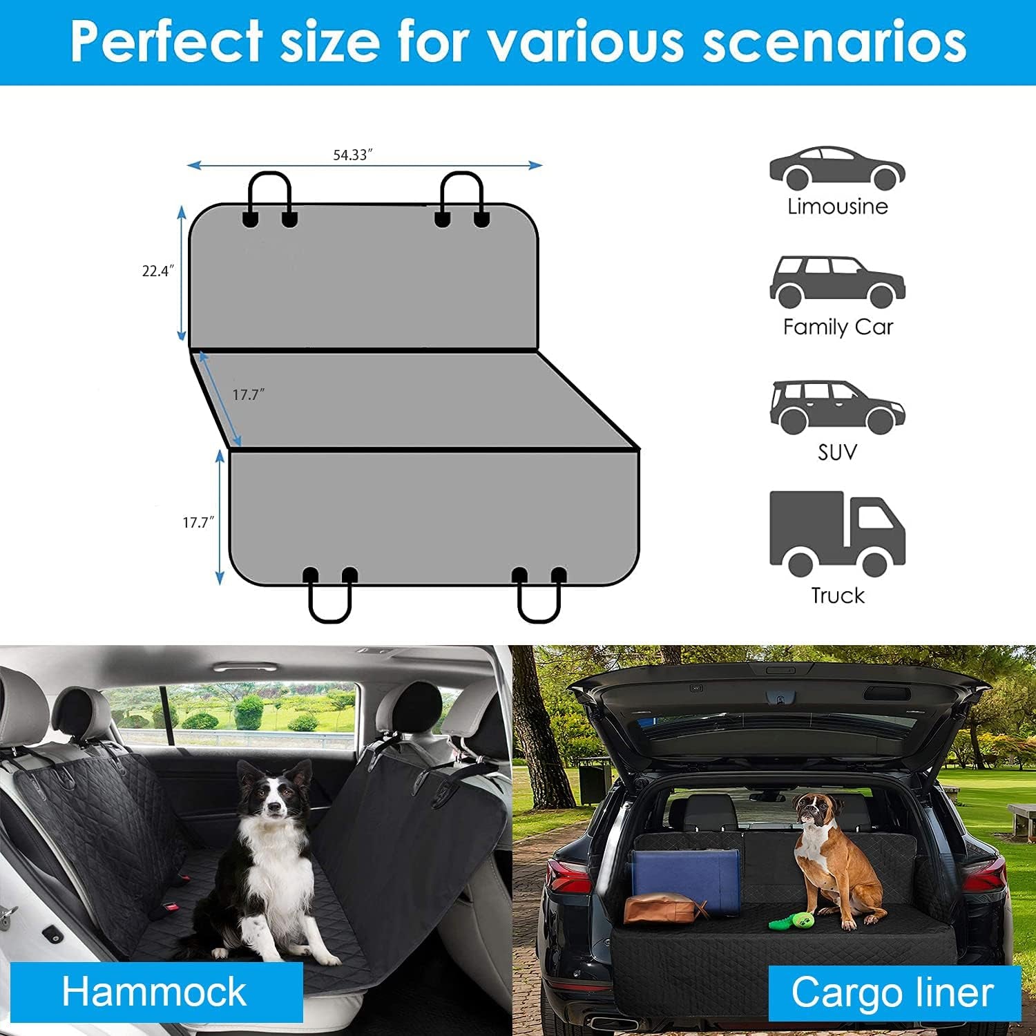 Pet Back Seat Covers, Waterproof Scratch Proof Nonslip Dog Travel Hammock with Seat Anchors for Cars Trucks SUV, Car Boot Liner