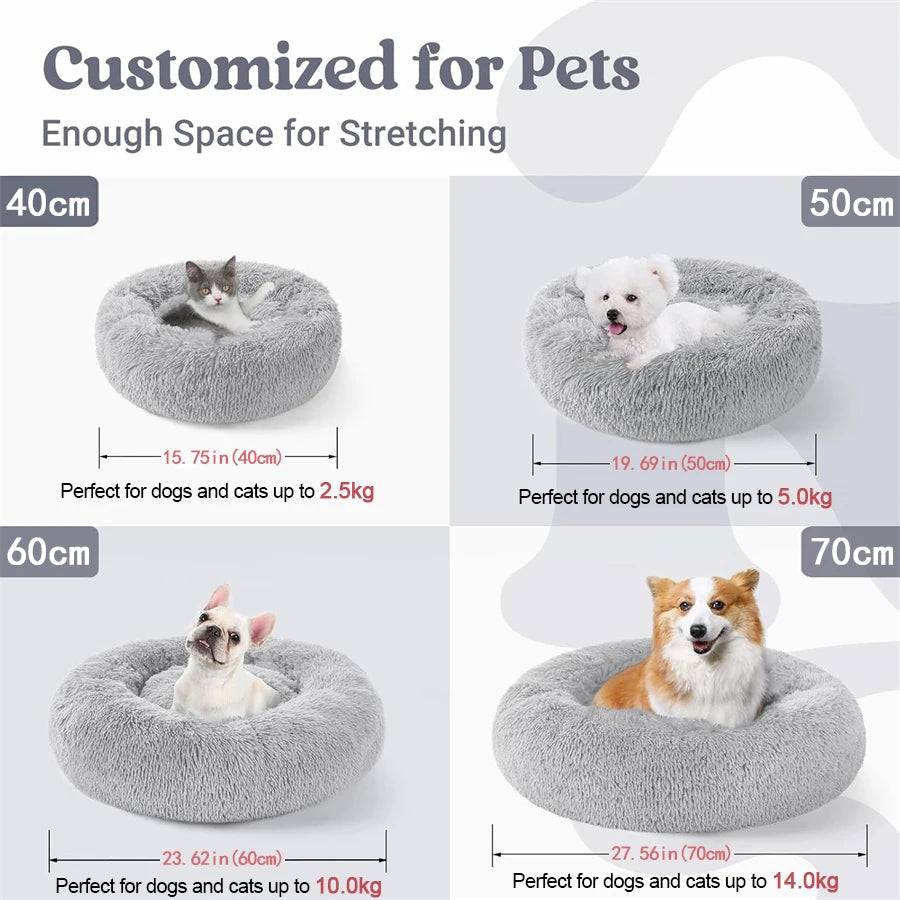 Soft Long Plush Cat House Beds Dog Calm Warm Faux Fur Bed Donut round Comfortable Sleeping Bed Washable for Small Medium Dog Cat