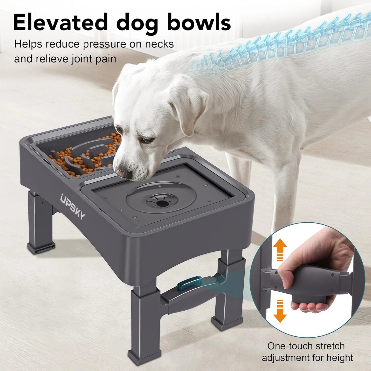 UPSKY 2-in-1 Elevated Slow Feeder Dog Bowl Set with Height-Adjustable Stand and Anti-Spill Design for Small to Medium Dogs