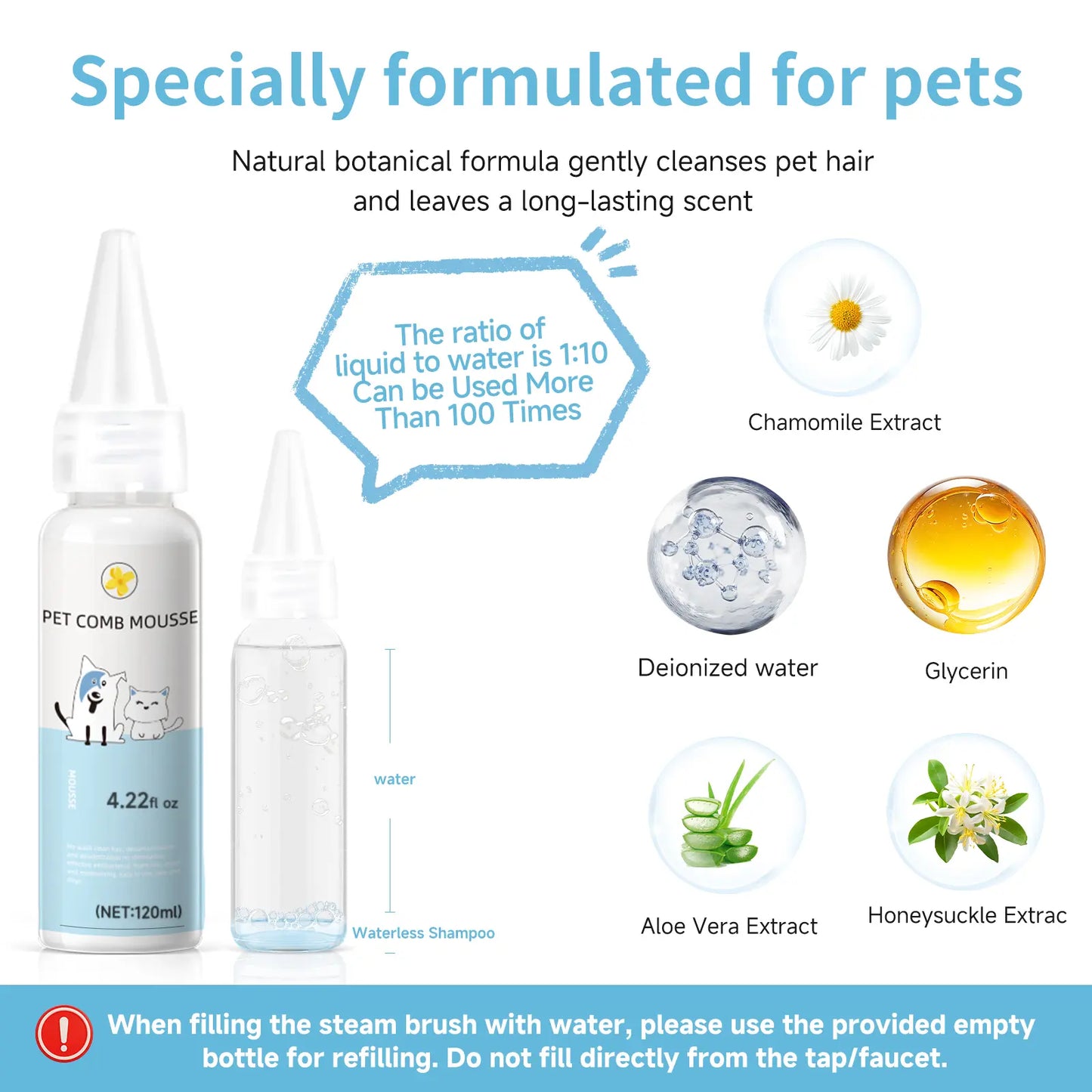 Professional Pet Steam Grooming Brush for Dogs and Cats - 3-in-1 Self-Cleaning Spray Comb with Mist for Shedding and Hair Removal - Includes Waterless Shampoo, Blue