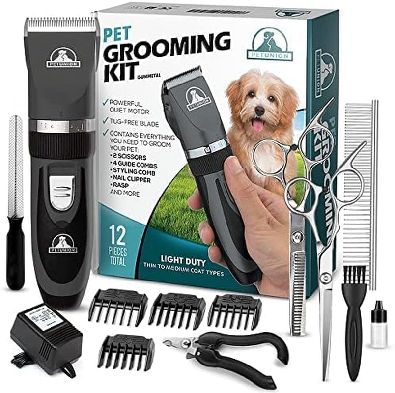 Professional Rechargeable Cordless Pet Grooming Kit with Low Noise Clippers and Accessories for Dogs, Cats, and Other Pets (Grey)