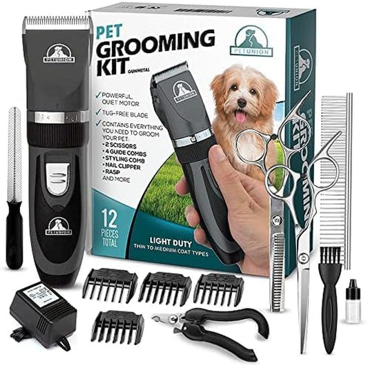 Professional Rechargeable Cordless Pet Grooming Kit with Low Noise Clippers and Accessories for Dogs, Cats, and Other Pets (Grey)