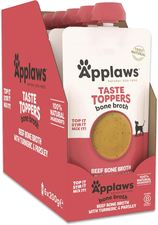 Taste Toppers 100% Natural Dog Food Topper, Beef Bone Broth for Dry Dog Food 6 X 200G Pouch