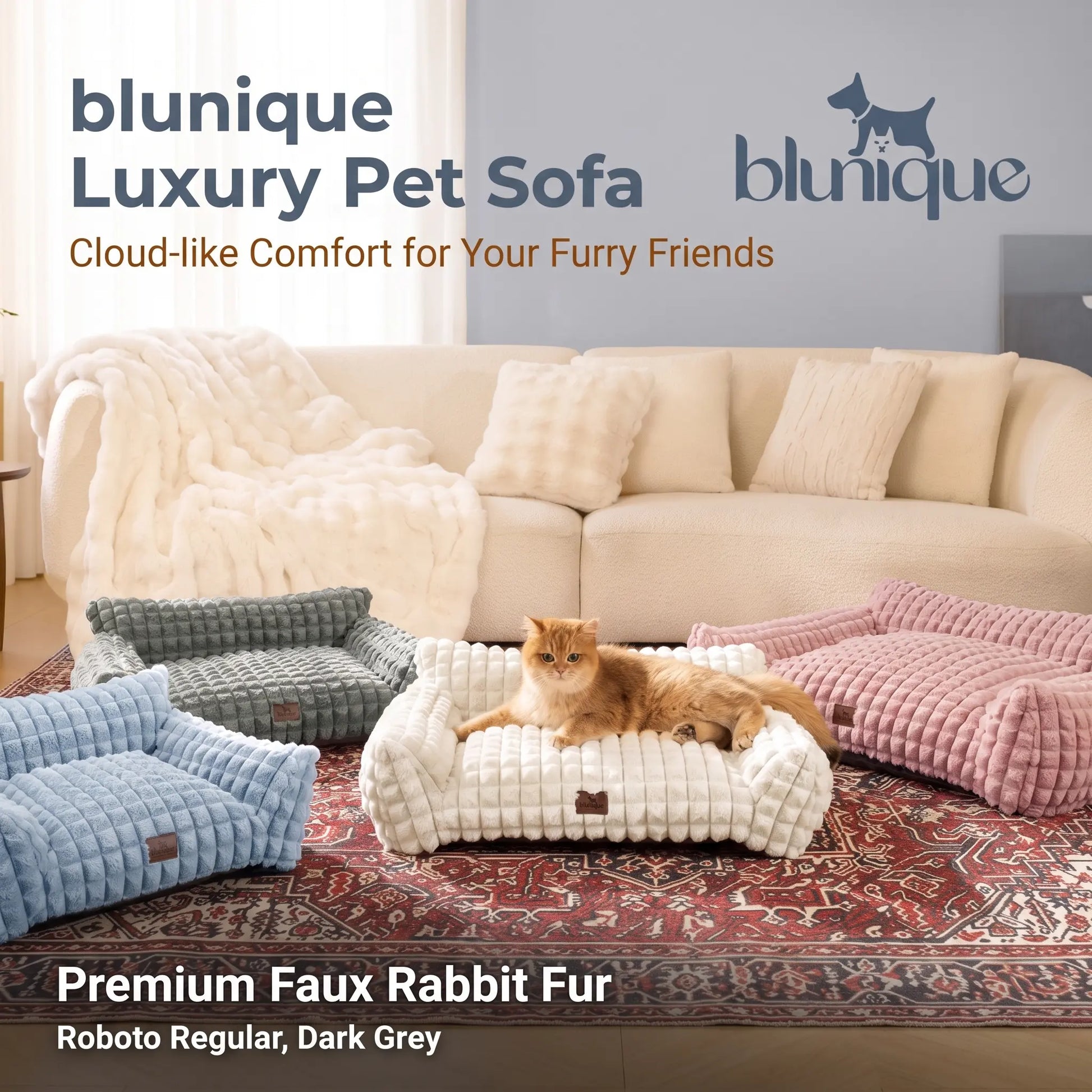 24-Inch Faux Rabbit Fur Pet Couch Bed for Cats - Luxurious 3D Diamond Pattern, Removable and Washable Cover, Non-Slip Base, Ideal for Small Dogs and Kittens