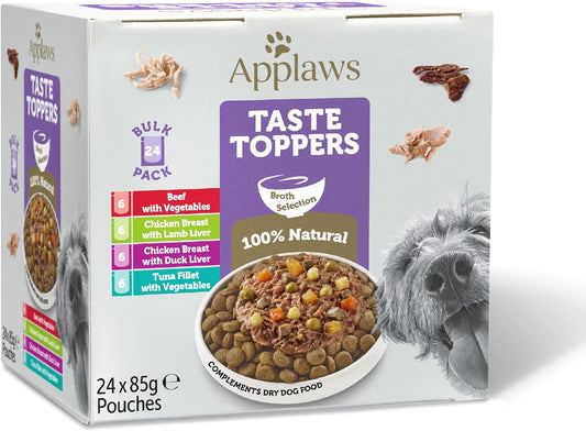Taste Toppers Natural Wet Dog Food Pouch, Multipack Meat and Fish Selection in Broth, 24 X 85G Pouches