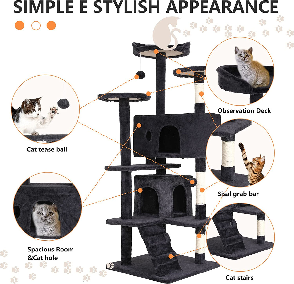 139Cm Cat Tree Tower for Indoor Cats,Multi-Level Furniture Activity Center with Scratching Posts Stand House Condo Funny Toys Kittens Pet Play House,Dark Gray