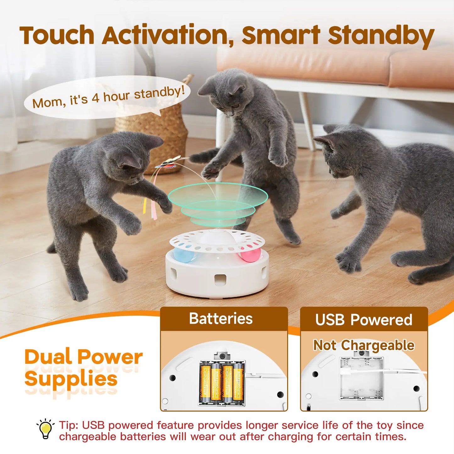 Potaroma 3-in-1 Automatic Interactive Cat Toy with Fluttering Butterfly, Moving Feather, and Track Balls - USB Powered for Indoor Exercise