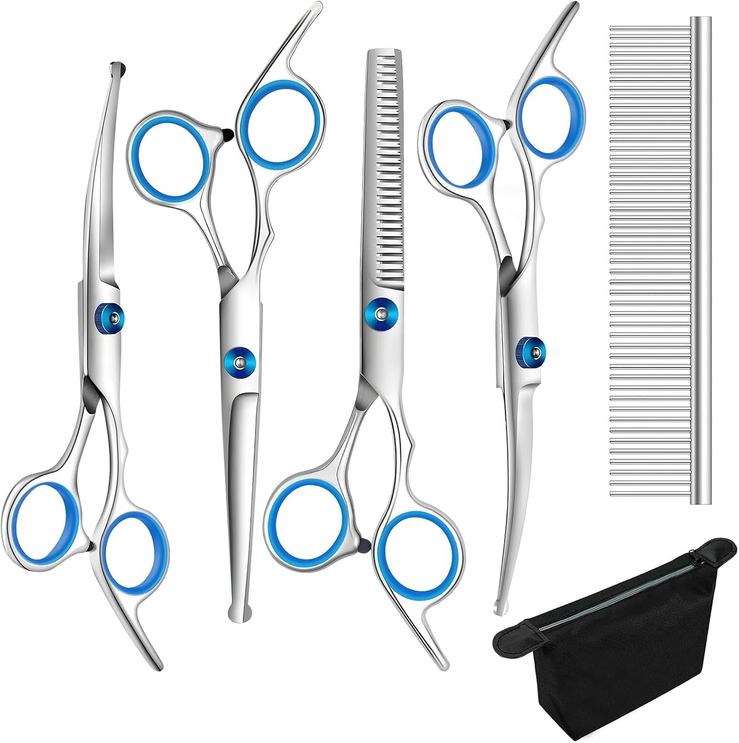 Professional 6-Piece Curved Dog Grooming Scissors Set with Safety Round Tips and Storage Bag - Stainless Steel Pet Hair Trimming Tools