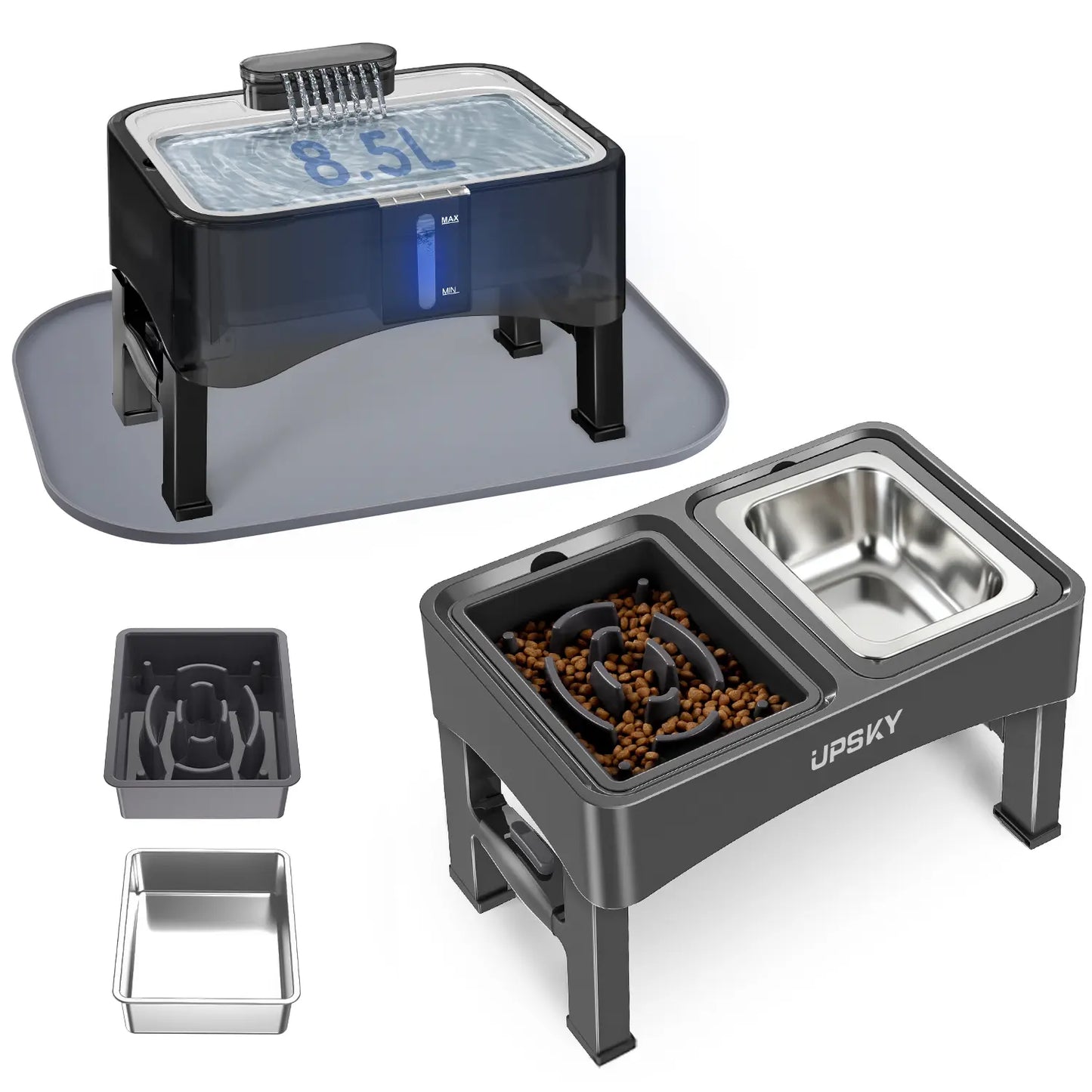 UPSKY 2-in-1 Elevated Slow Feeder Dog Bowl Set with Height-Adjustable Stand and Anti-Spill Design for Small to Medium Dogs