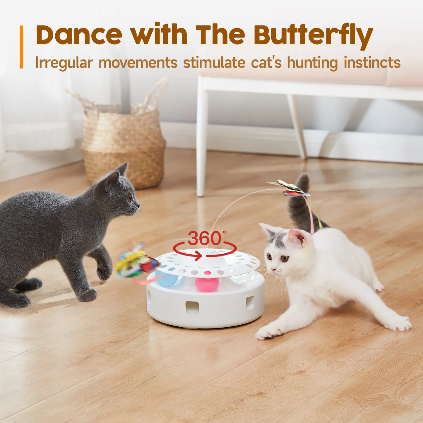 Potaroma 3-in-1 Automatic Interactive Cat Toy with Fluttering Butterfly, Moving Feather, and Track Balls - USB Powered for Indoor Exercise