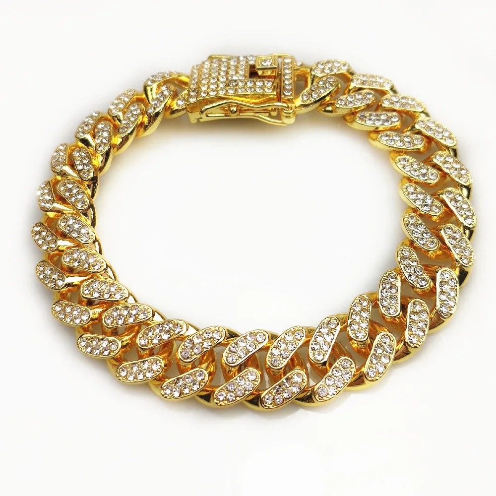 Luxury Rhinestone Dog Collar with Cuban Chain Design - Hip Hop Style Pet Accessory