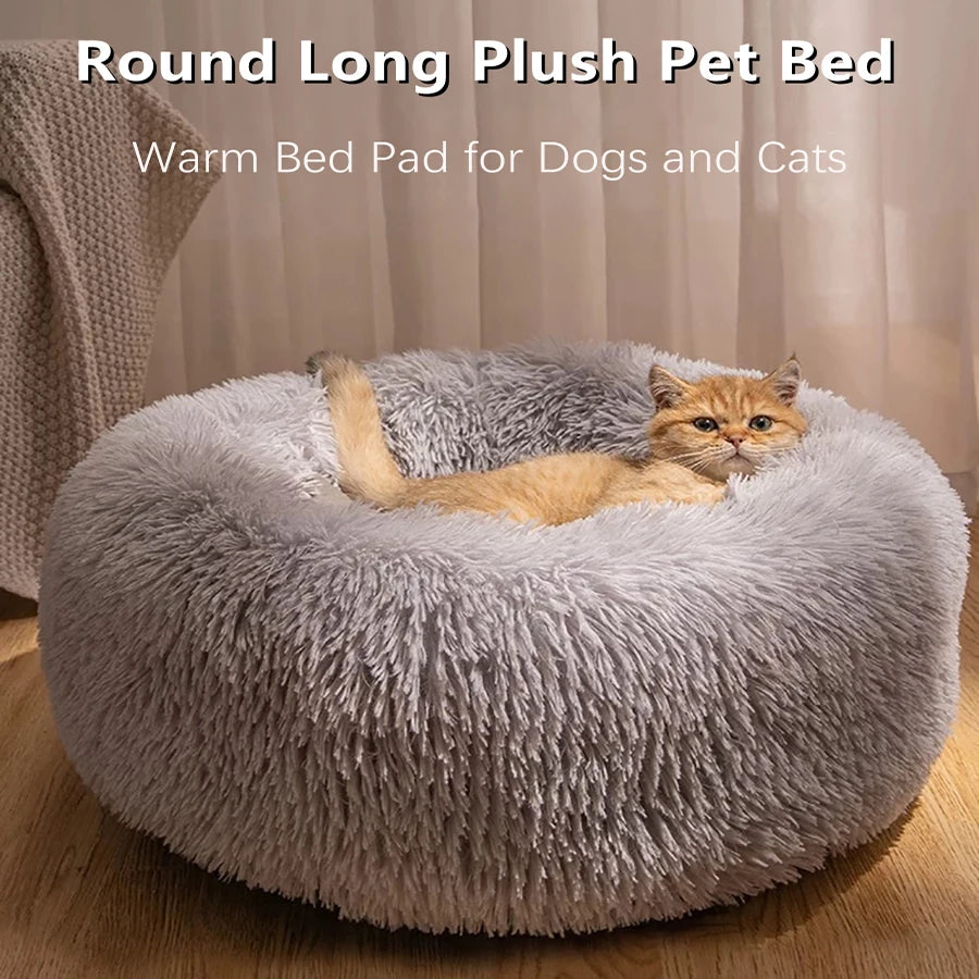 Soft Long Plush Cat House Beds Dog Calm Warm Faux Fur Bed Donut round Comfortable Sleeping Bed Washable for Small Medium Dog Cat
