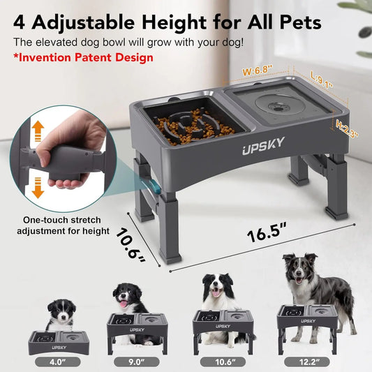 UPSKY 2-in-1 Elevated Slow Feeder Dog Bowl Set with Height-Adjustable Stand and Anti-Spill Design for Small to Medium Dogs