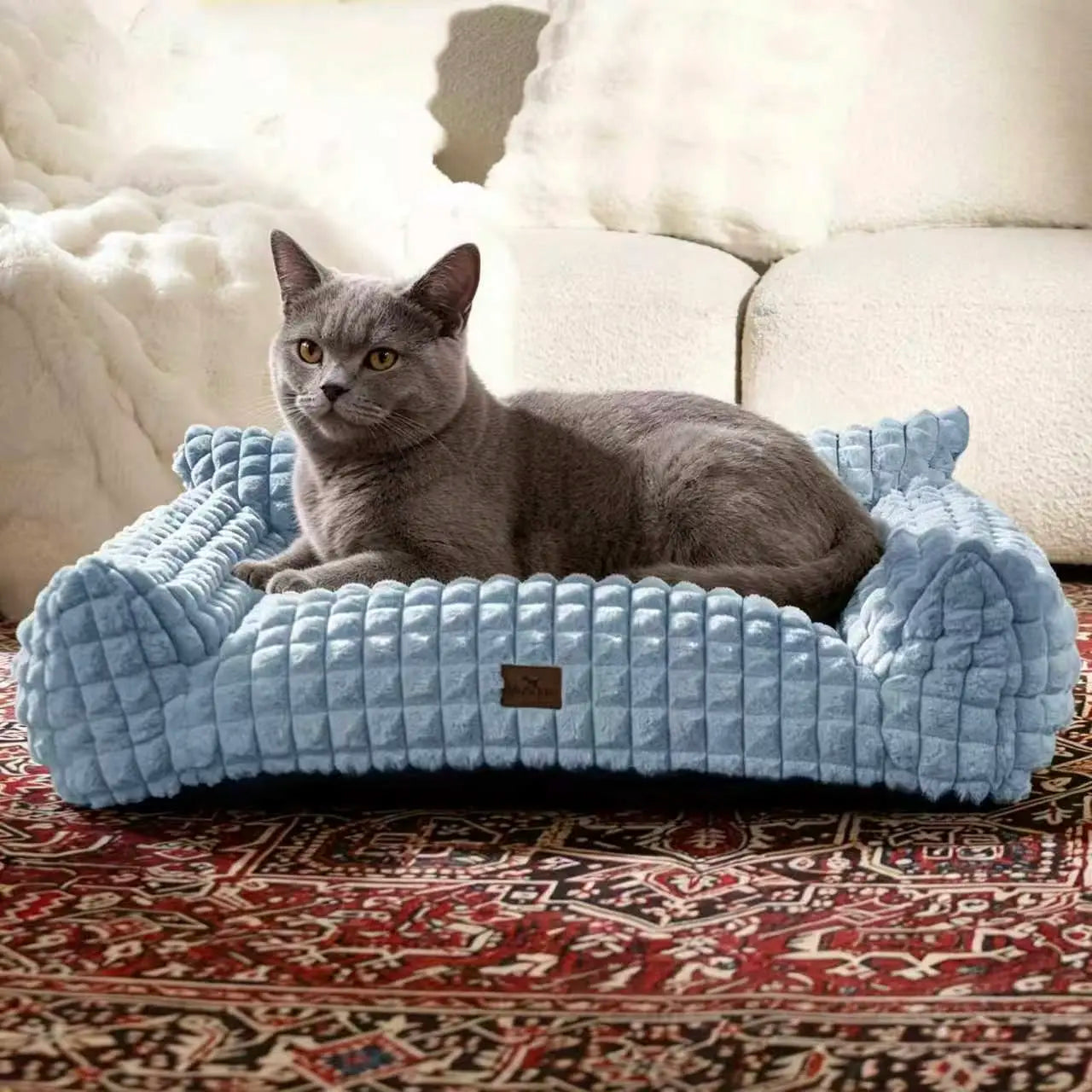 24-Inch Faux Rabbit Fur Pet Couch Bed for Cats - Luxurious 3D Diamond Pattern, Removable and Washable Cover, Non-Slip Base, Ideal for Small Dogs and Kittens