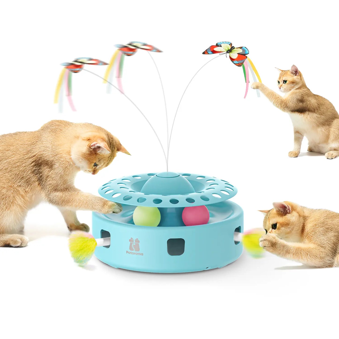 Potaroma 3-in-1 Automatic Interactive Cat Toy with Fluttering Butterfly, Moving Feather, and Track Balls - USB Powered for Indoor Exercise