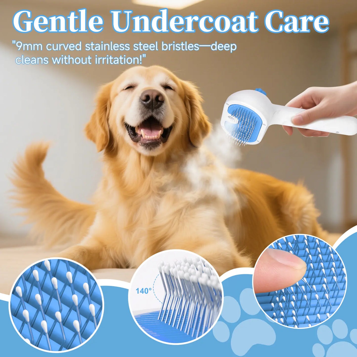 Professional Pet Steam Grooming Brush for Dogs and Cats - 3-in-1 Self-Cleaning Spray Comb with Mist for Shedding and Hair Removal - Includes Waterless Shampoo, Blue