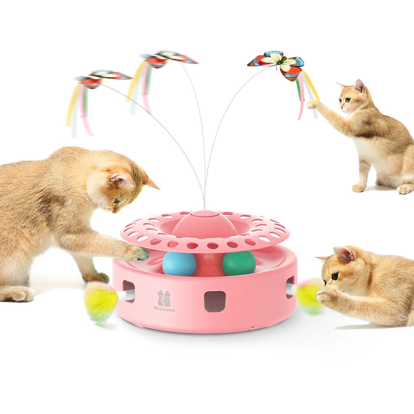 Potaroma 3-in-1 Automatic Interactive Cat Toy with Fluttering Butterfly, Moving Feather, and Track Balls - USB Powered for Indoor Exercise