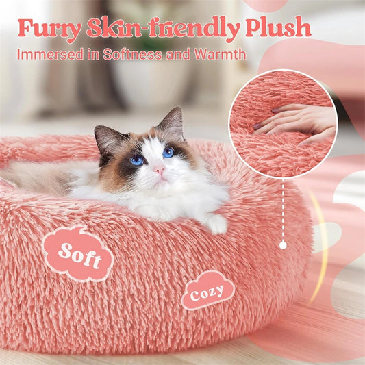 Soft Long Plush Cat House Beds Dog Calm Warm Faux Fur Bed Donut round Comfortable Sleeping Bed Washable for Small Medium Dog Cat