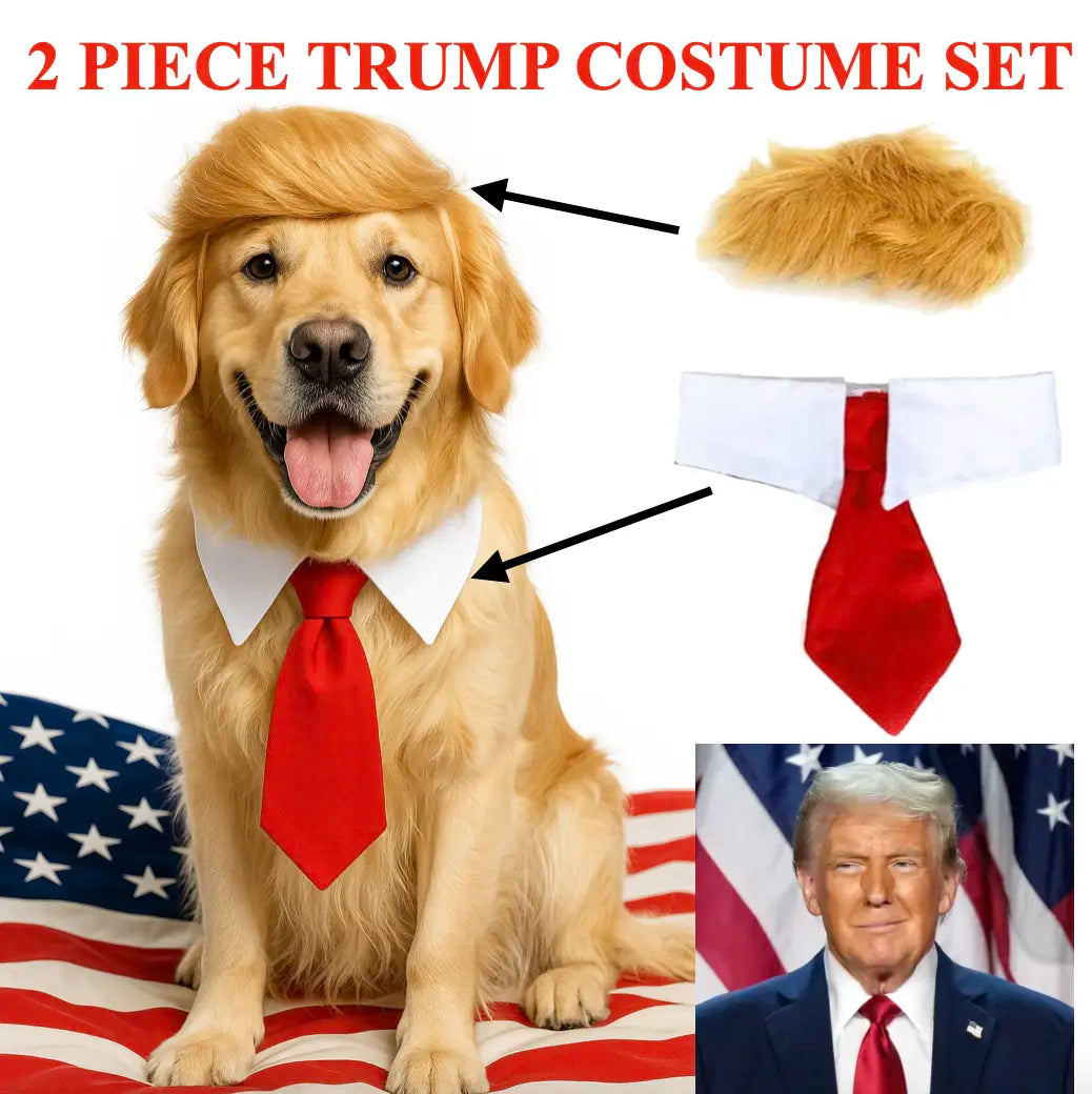 Trump-Inspired Pet Costume Set - 2-Piece Comedic Halloween Outfit for Cats and Dogs with Red Tie and Blonde Wig - User-Friendly Design for Pet Events