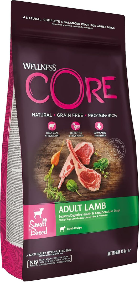 Wellness CORE Lamb 1.5 Kg, Lamb – Dry Dog Food for Small Breeds, Grain-Free, Natural, Hypoallergenic, Protein-Rich, High Meat Content, Supports Healthy Digestion