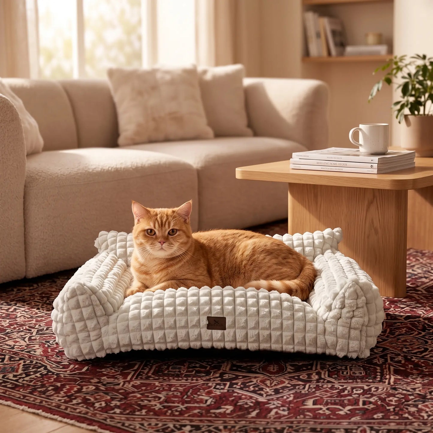 24-Inch Faux Rabbit Fur Pet Couch Bed for Cats - Luxurious 3D Diamond Pattern, Removable and Washable Cover, Non-Slip Base, Ideal for Small Dogs and Kittens