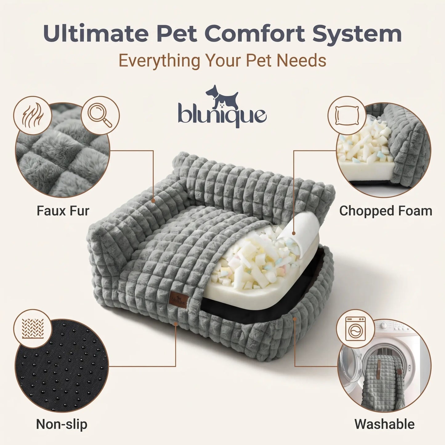 24-Inch Faux Rabbit Fur Pet Couch Bed for Cats - Luxurious 3D Diamond Pattern, Removable and Washable Cover, Non-Slip Base, Ideal for Small Dogs and Kittens